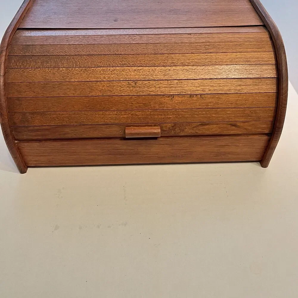 Vintage MCM Teak Tambour Wooden Roll Top Bread Box Baker Heart Stuart